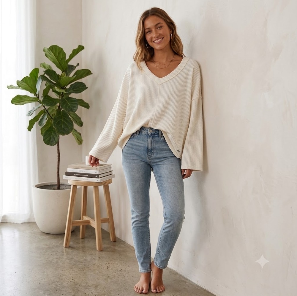 Savvi White Ribbed Knit Oversized V Neck Pullover Top LG XL EUC